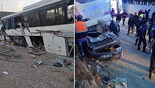 Feci kazada otomobilin üstüne servis otobüsü devrildi: 15 yaralı!