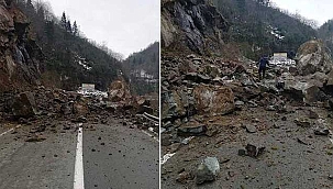 Heyelan sonucu; yamaçtan düşen kayalar yolu kapattı