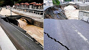 Meydana gelen taşkın sonucu; yol çöktü, kemer köprü hasar gördü