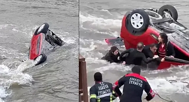 Amasya'da ki kazada 2 araç çarpışmanın etkisiyle nehre savruldu