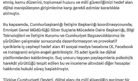 İletişim Başkanı Duran: 75 adet içerik ise dijital platformlardan kaldırılmıştır