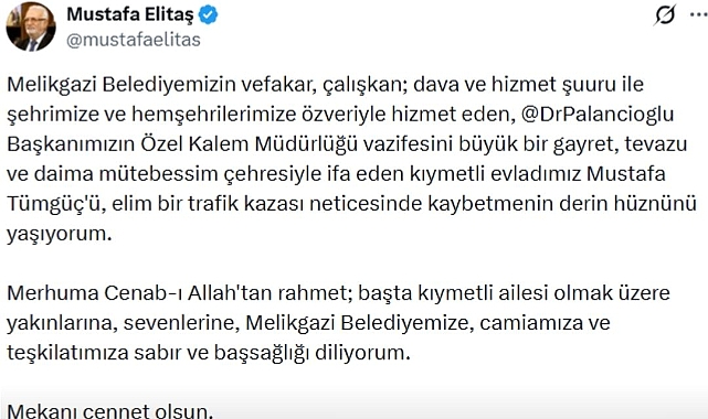 Elitaş'dan; Mustafa Tümgüç için taziye mesajı!